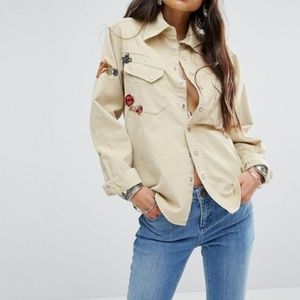 Free People Tan Corduroy Embroidered Long Sleeve
